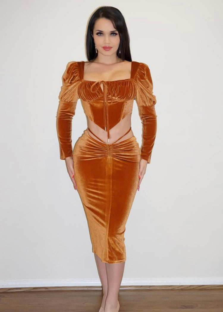 velvet brown ruched skirt & cropped puff top set