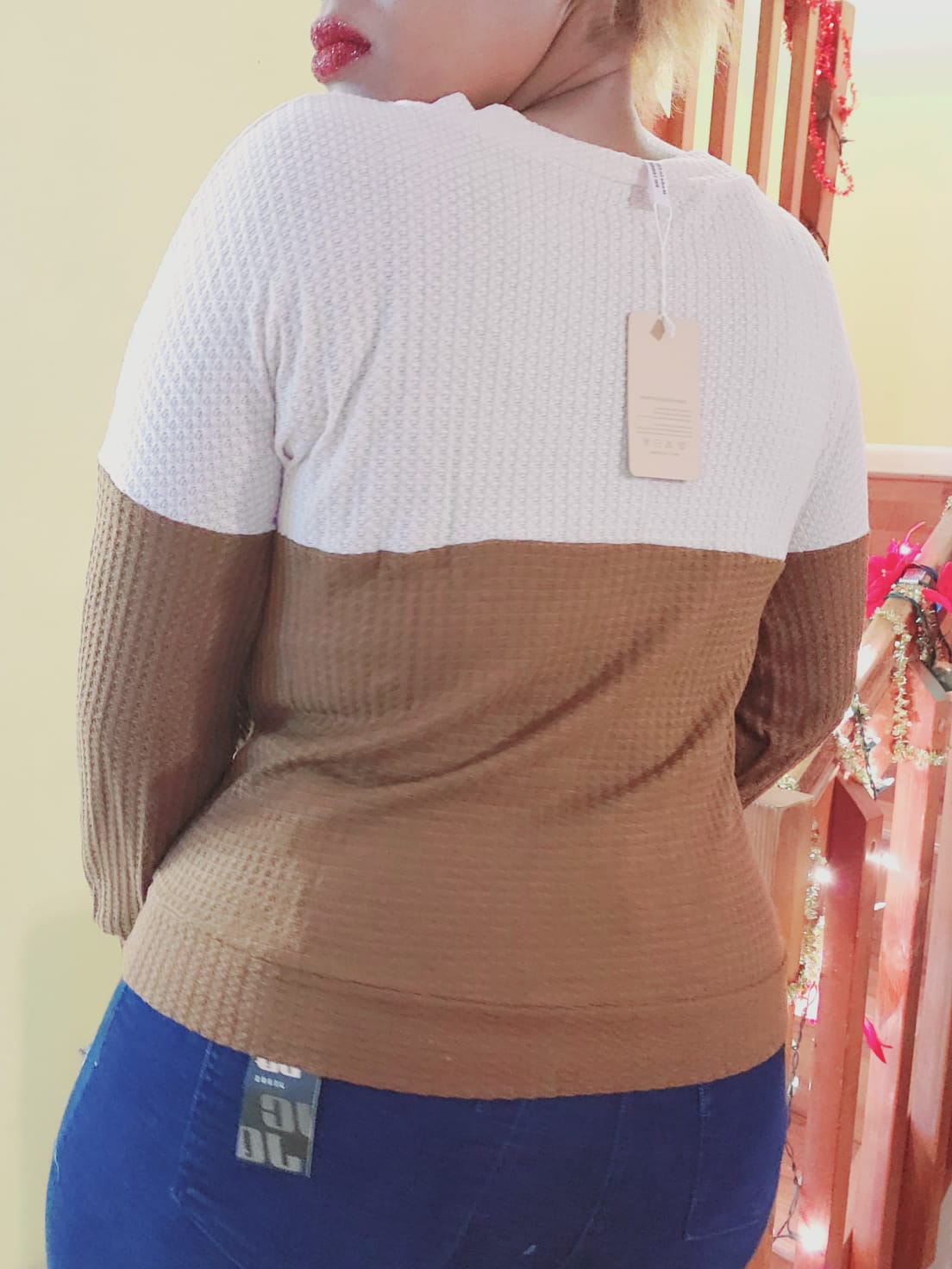 two-toned waffle knit long sleeve top