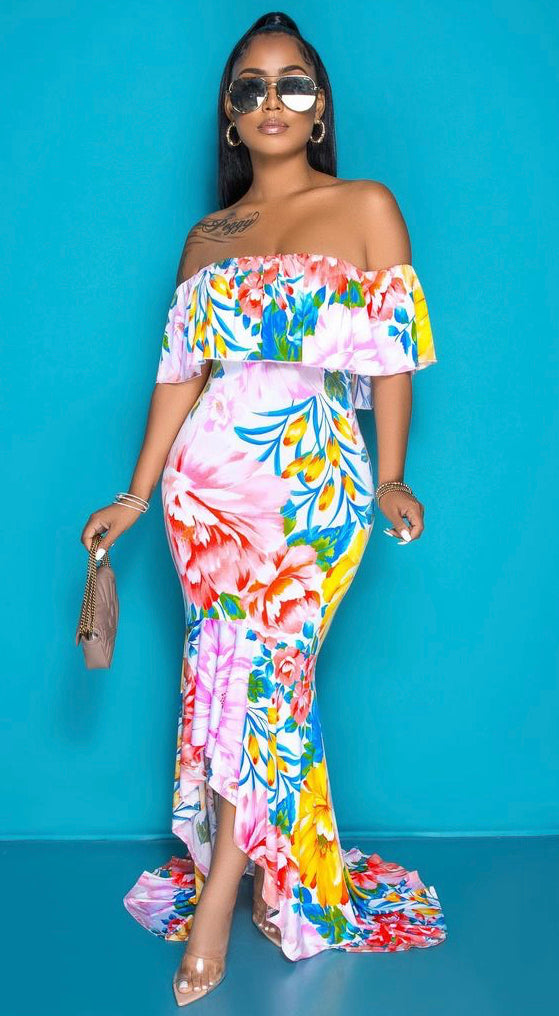 pink floral high low ruffled dress