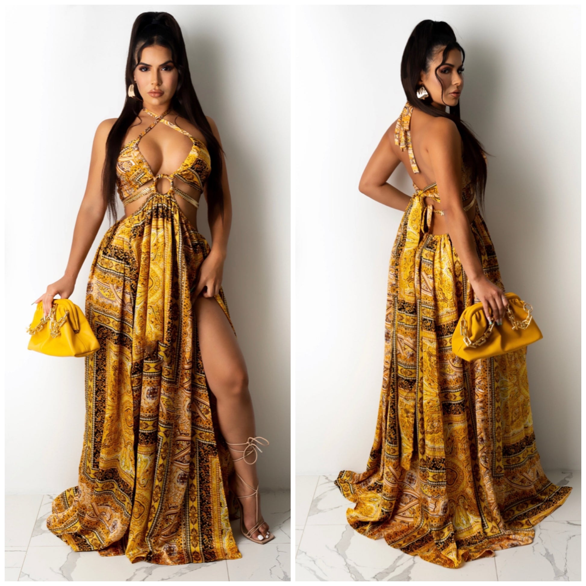 vacation double slit halter gold maxi dress
