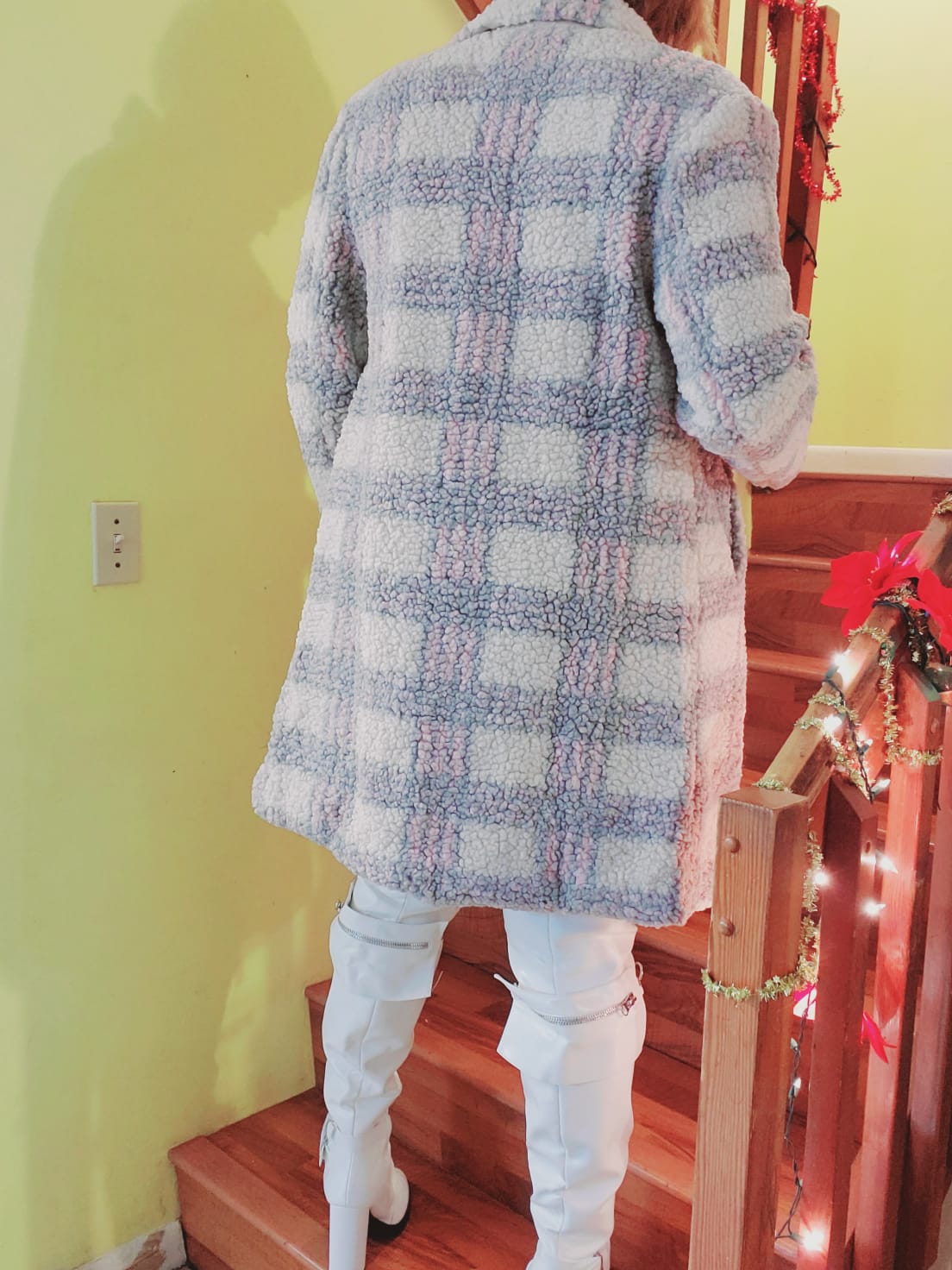 fluffy midi plaid coat