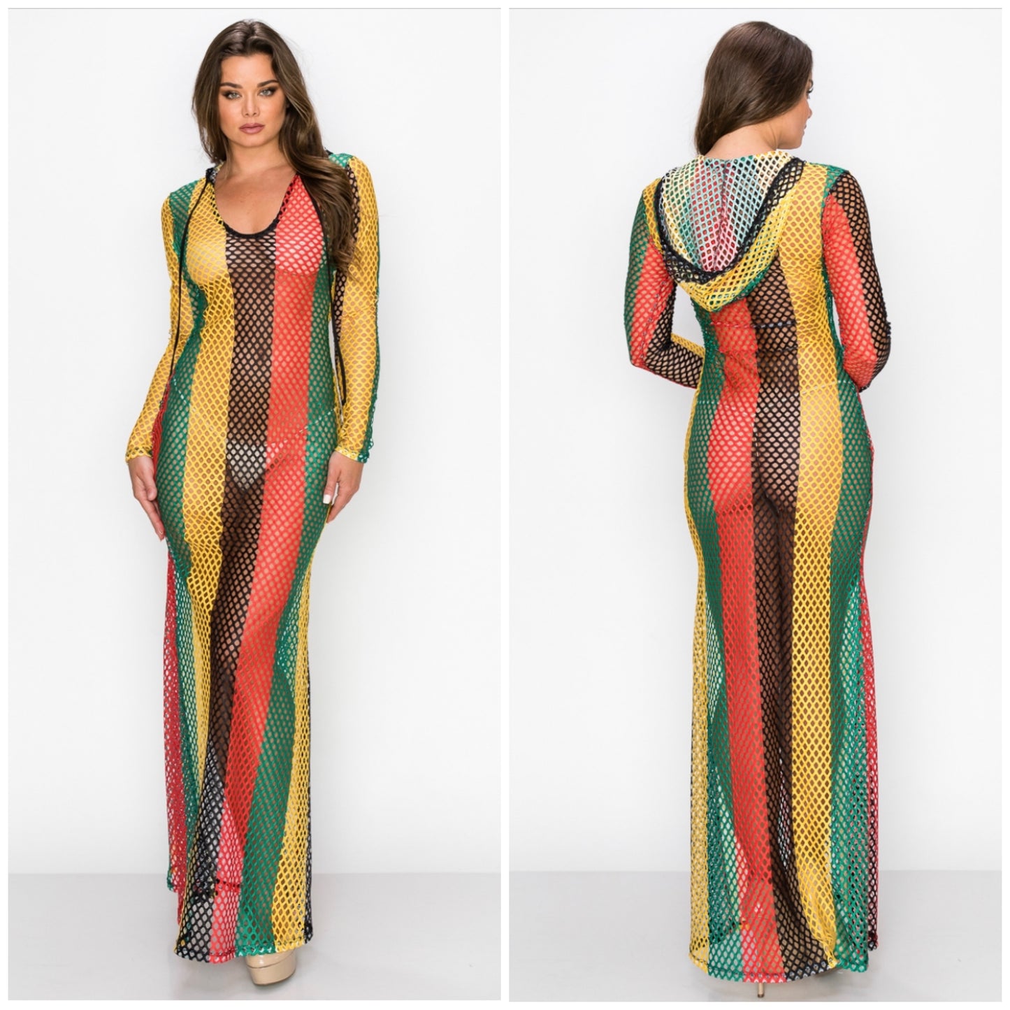 rasta reggae fishnet hooded long sleeve maxi dress