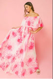 pink flounced off shoulder maxi dress