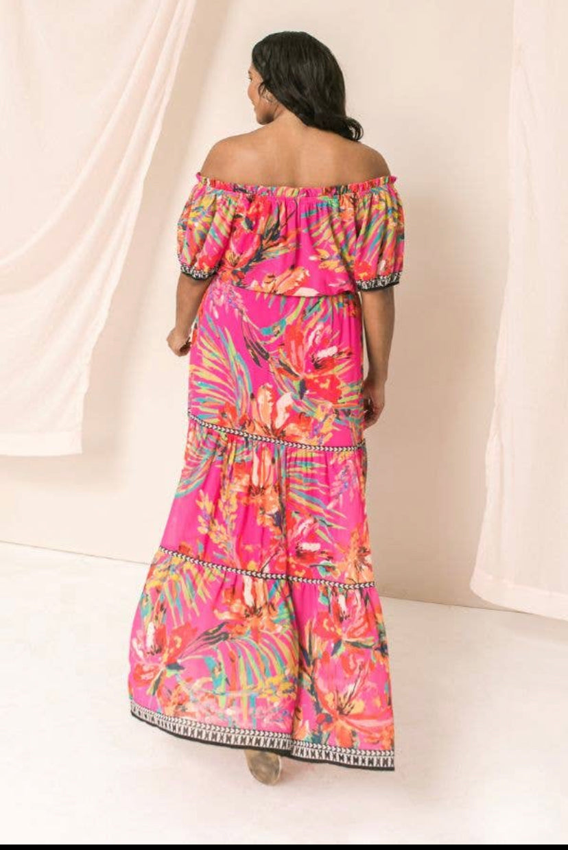 plus size printed off shoulder maxi dress