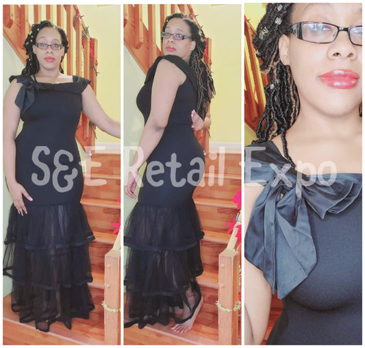 black bowtied bottom tiered mesh ruffled dress