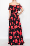 off shoulder red roses print  maxi dress