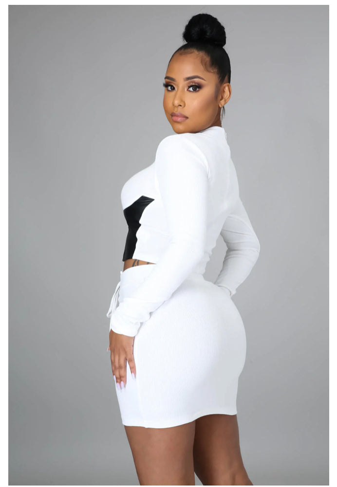 Sexy Part Leather Zippered Mini Skirt Set