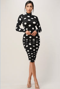 black & white polka dot ruched dress
