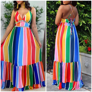 rainbow multistriped crochet top maxi dress