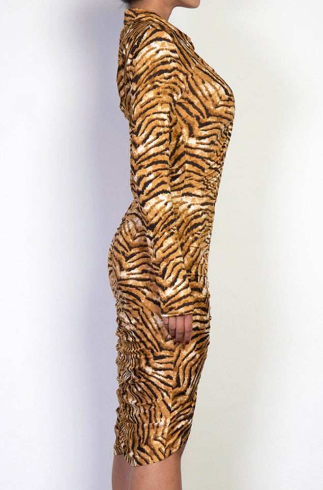 tiger print ruched midi dress
