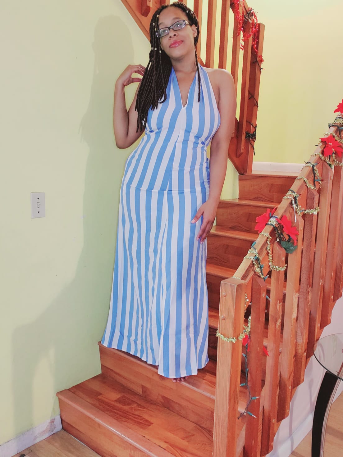 blue & white striped halter open back maxi dress