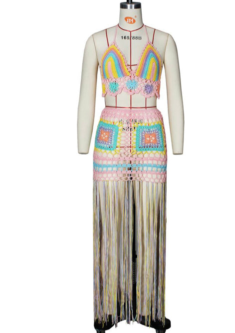 pink multicolor fringe swimwear set