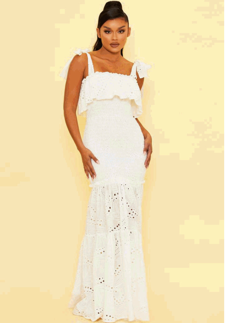 vacation white crochet ruffled bottom maxi dress