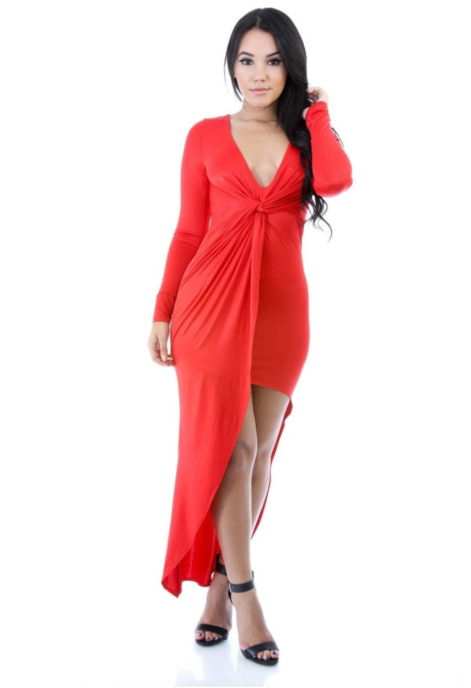 red overlay skirt knotted dress