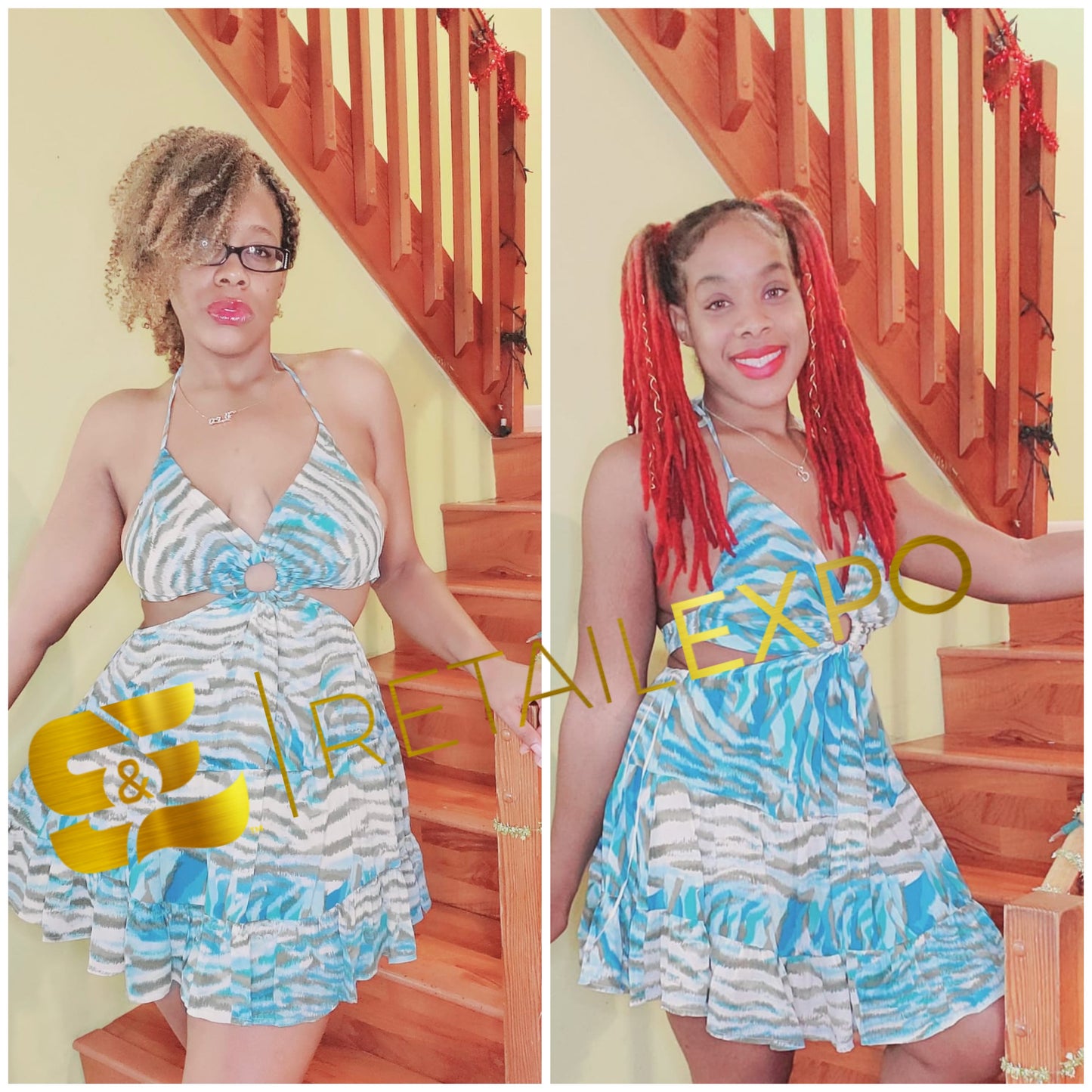 Tropical Halter Flare Open Back Mini Dress