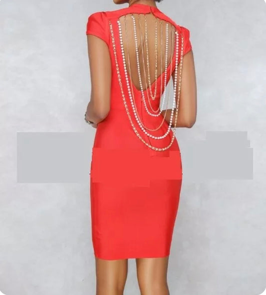embellished pearled back bodycon dress
