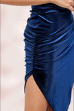 navy blue velvet spaghetti strapped dress
