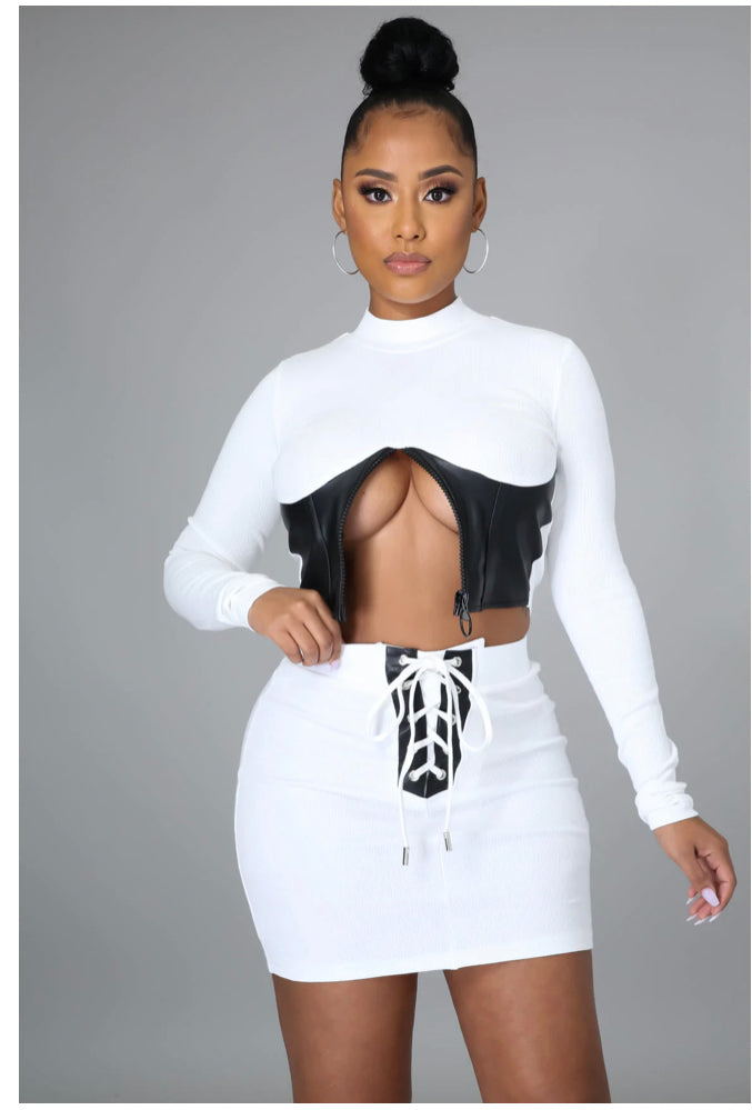 Sexy Part Leather Zippered Mini Skirt Set