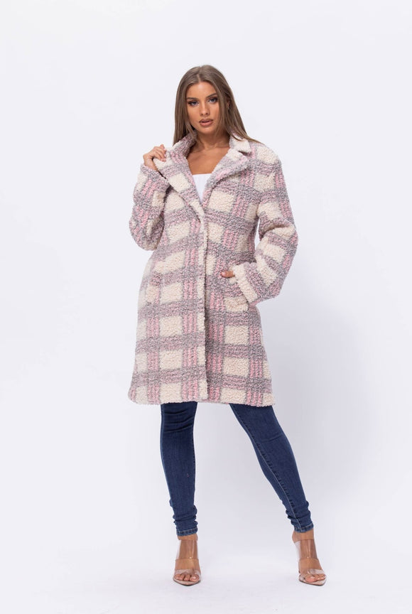 fluffy midi plaid coat