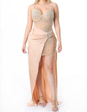 nude overlay skirt rhinestone dress