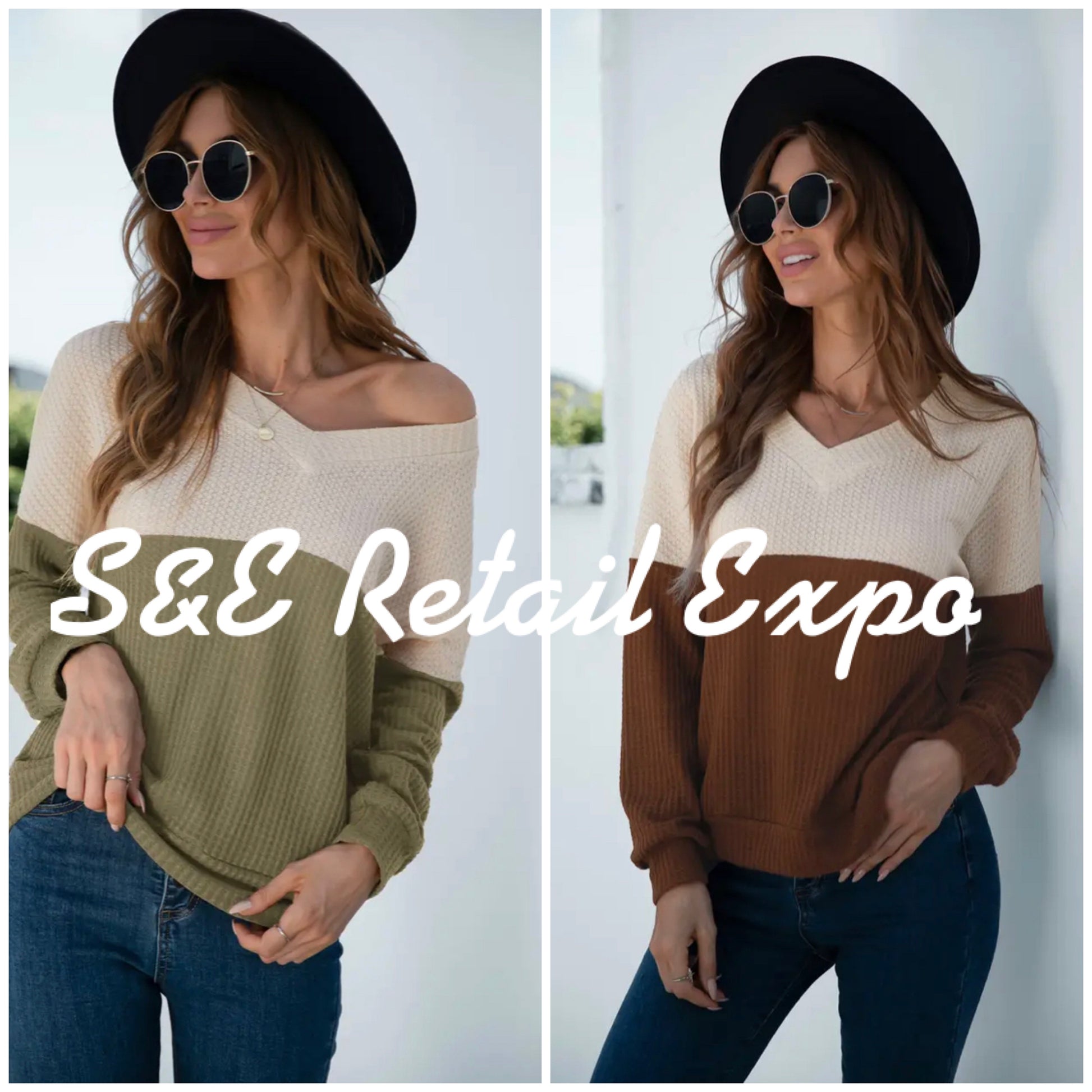two-toned waffle knit long sleeve top