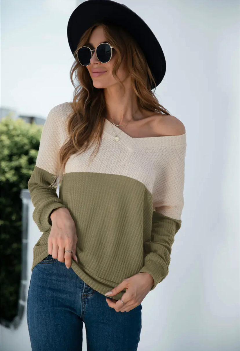 two-toned waffle knit long sleeve top