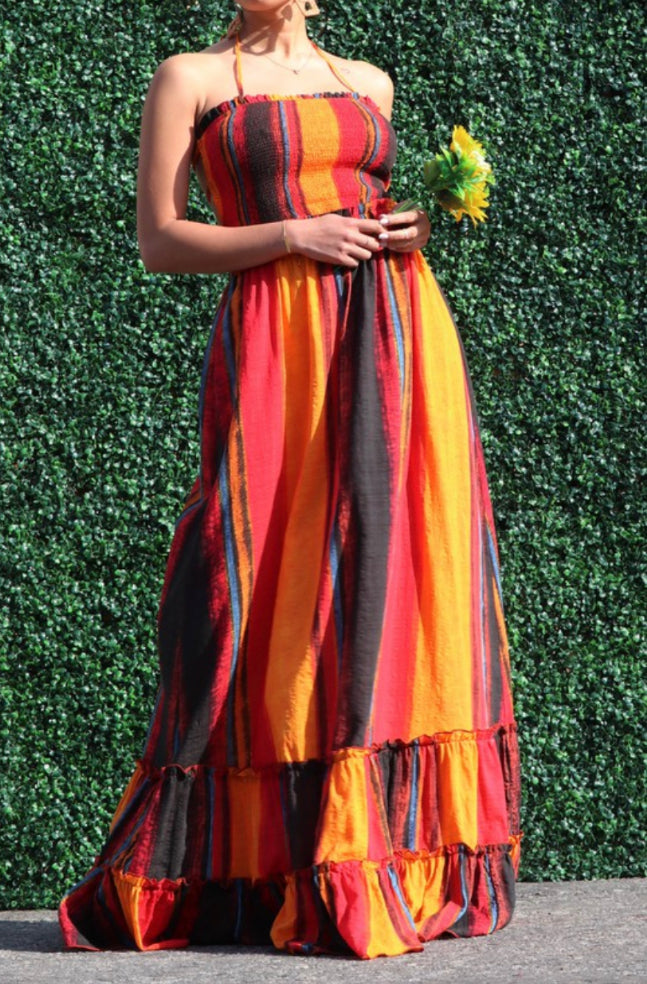 multicolored autumn hemmed bottom halter maxi dress