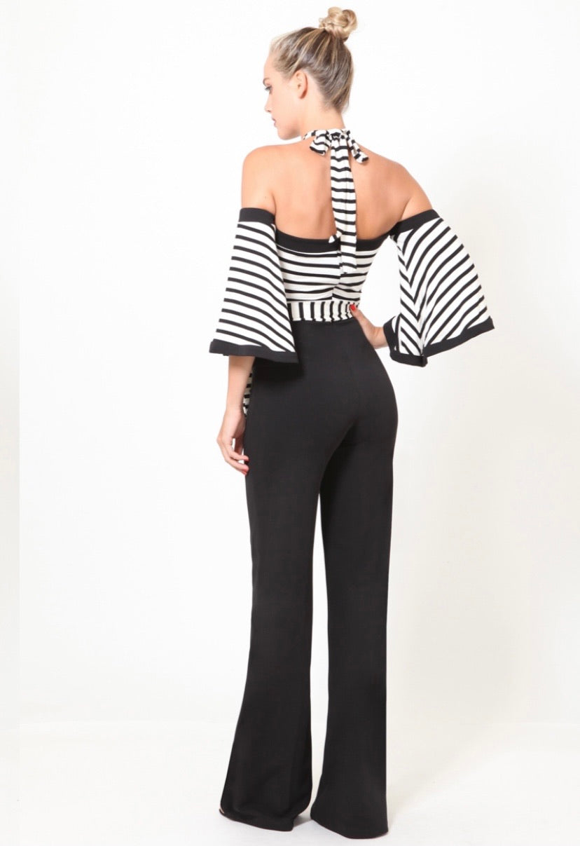 black & white off shoulder jumpsuit