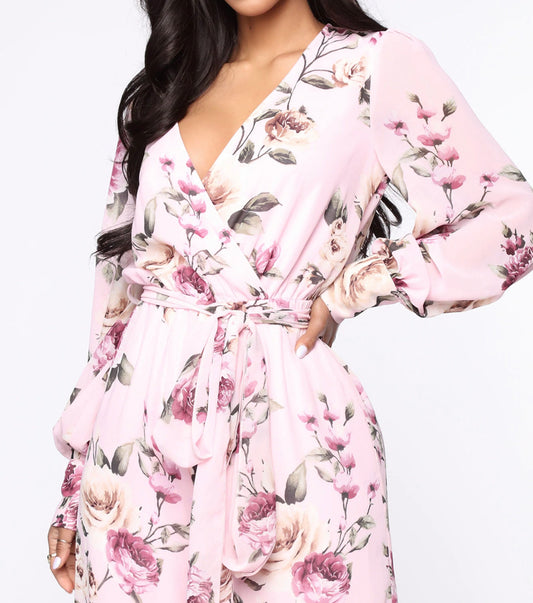pink chiffon floral printed wide leg jumpsuit