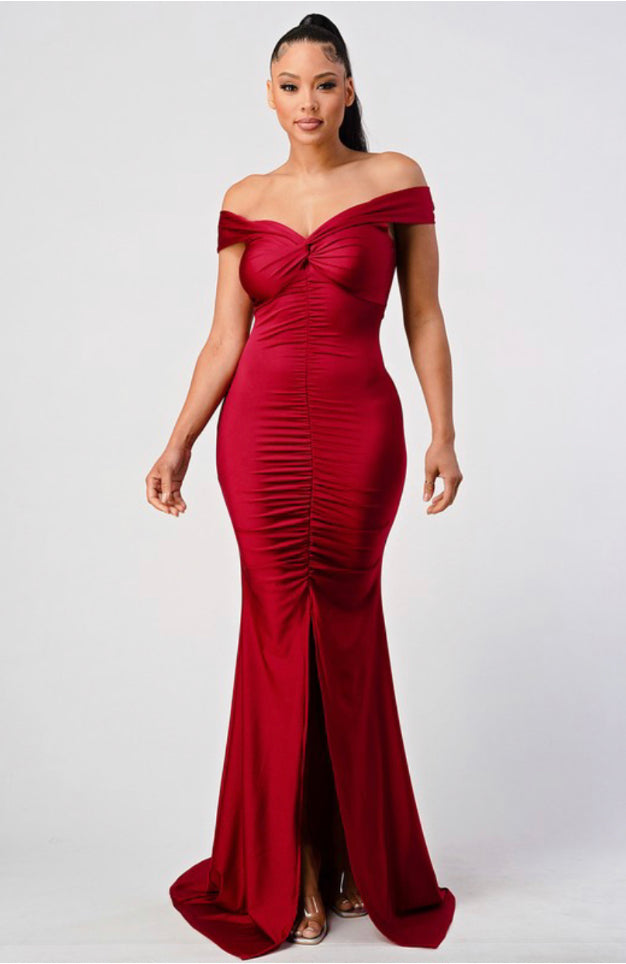 off the shoulder ruched mermaid maxi dress