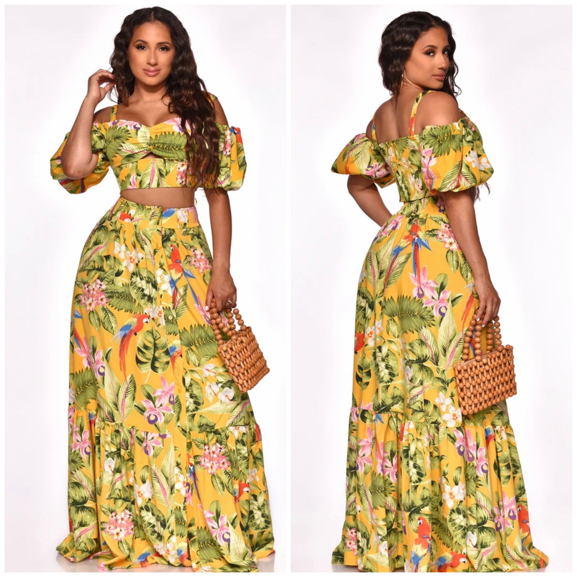 yellow multi vacation maxi skirt set