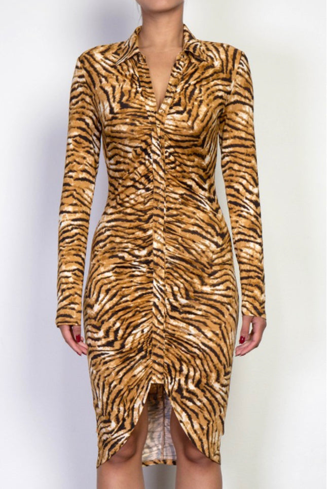 tiger print ruched midi dress