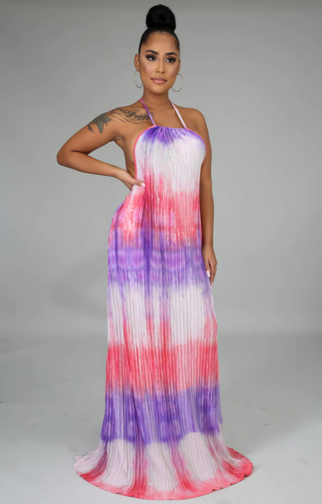 “dreams” pleated halter neck open back maxi dress