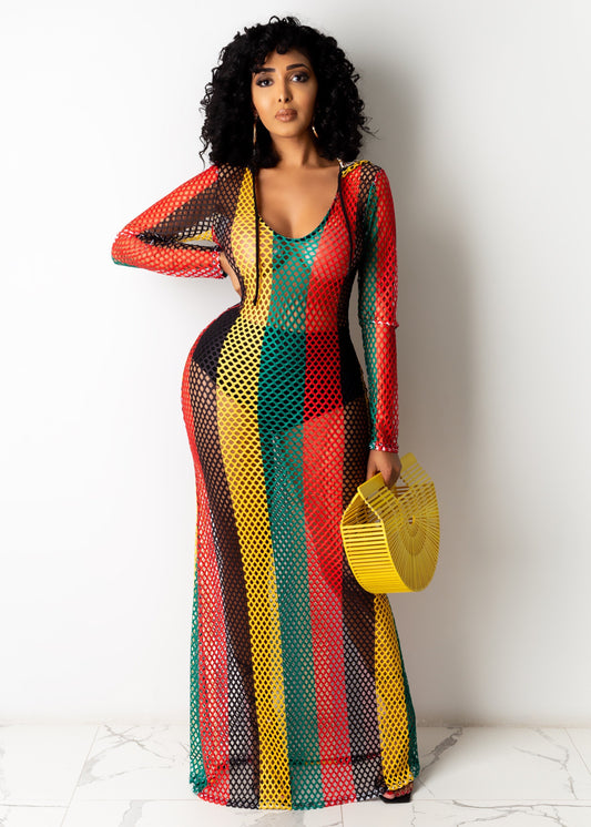 rasta reggae fishnet hooded long sleeve maxi dress
