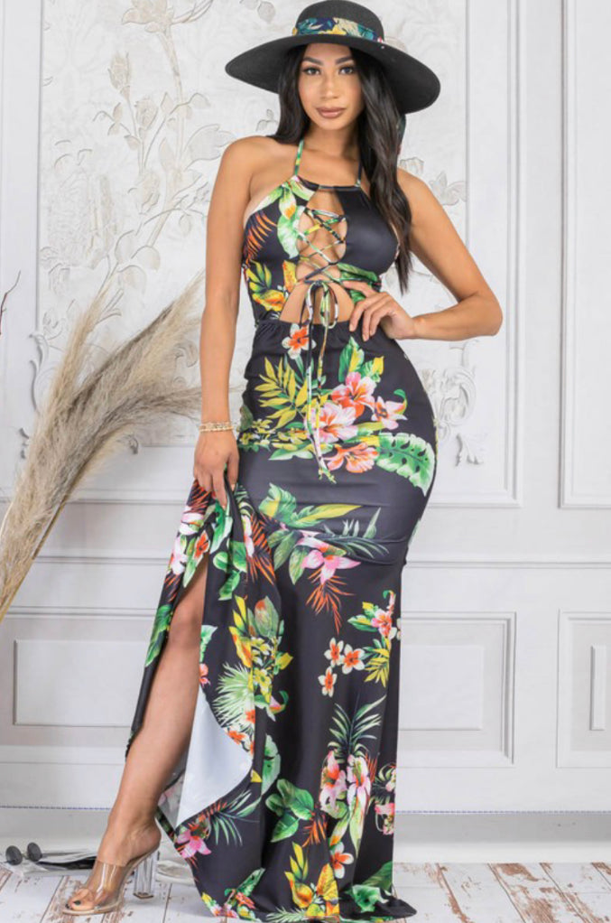 criss cross lace tie floral maxi dress