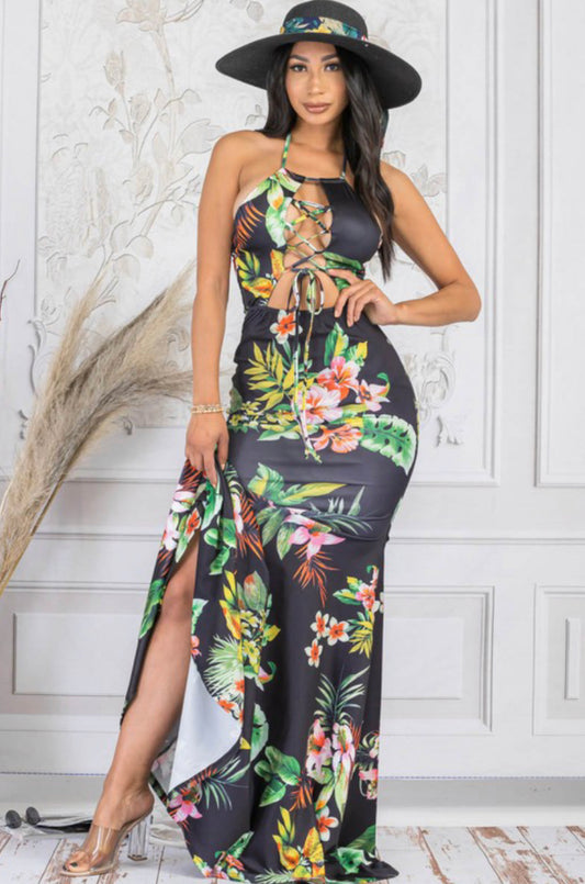 criss cross lace tie floral maxi dress