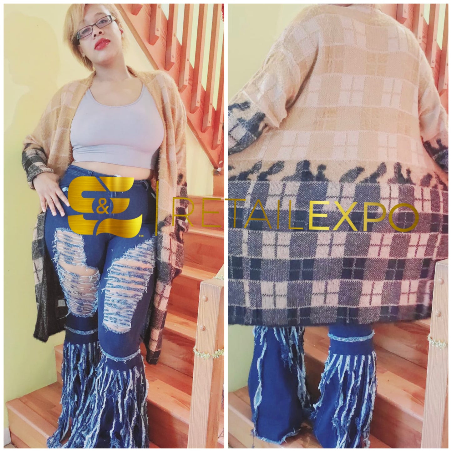 color block plaid long cardigan