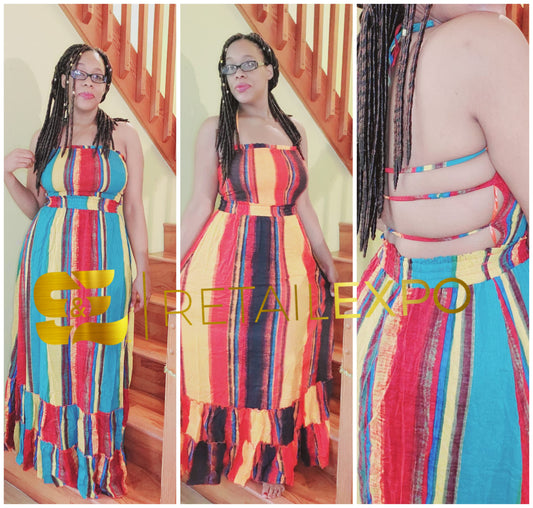 multicolored autumn hemmed bottom halter maxi dress