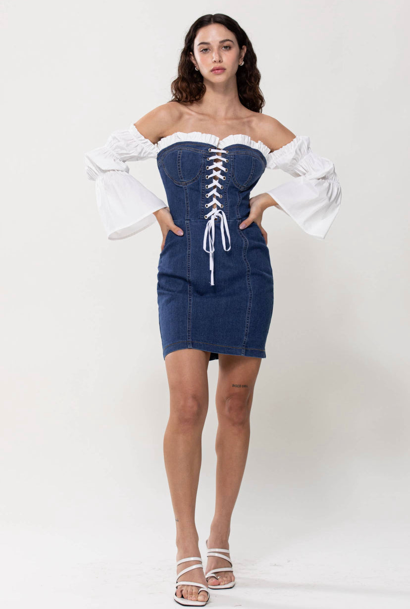 white on denim laced up dress
