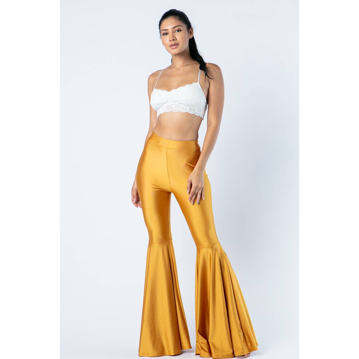 sexy & sleek metallic bell bottom pants