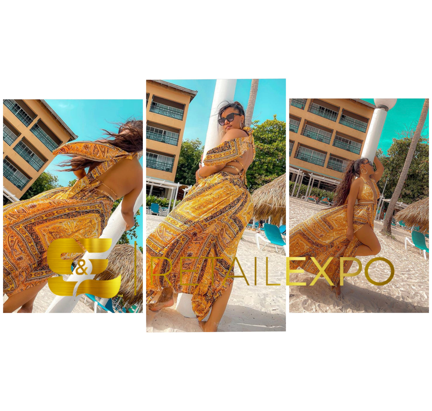 vacation double slit halter gold maxi dress