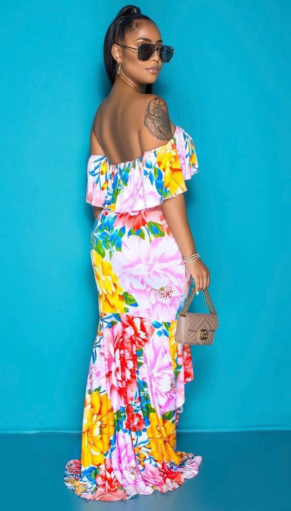 pink floral high low ruffled dress