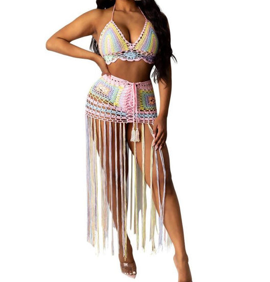 pink multicolor fringe swimwear set