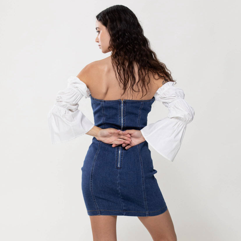 white on denim laced up dress