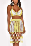 yellow & white crochet tassled coverup skirt set