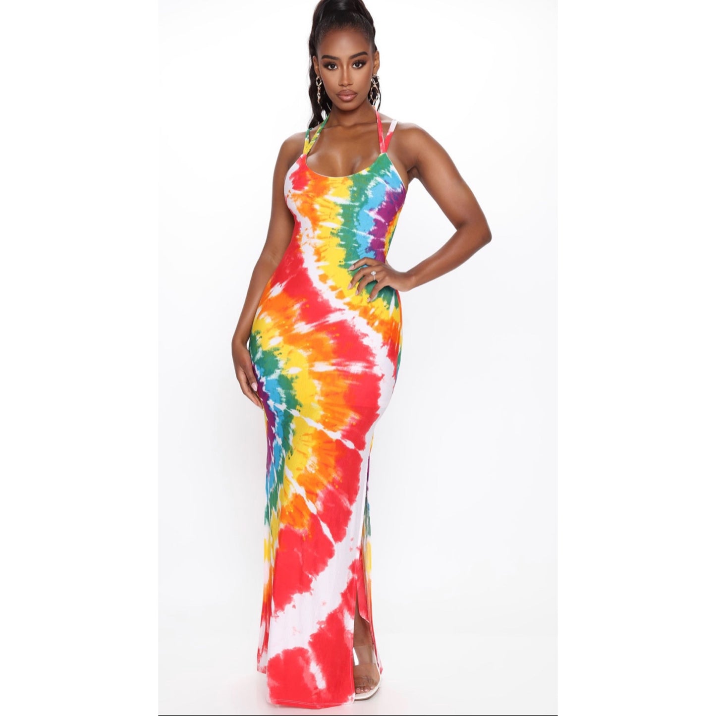 tie dye rainbow side slit maxi dress