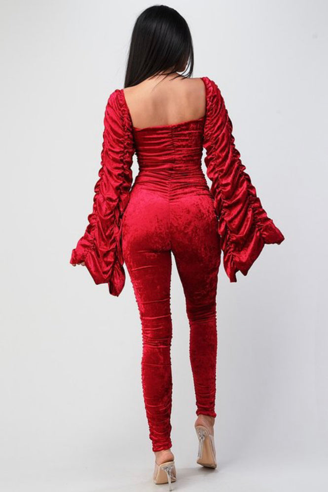 red velvet ruffled sleeves jumpsuit