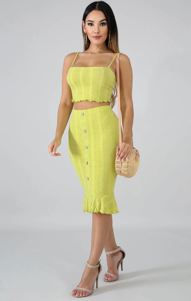 green knitted skirt & cropped top set