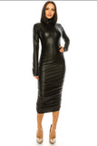 black faux leather ruched sides long sleeve midi dress