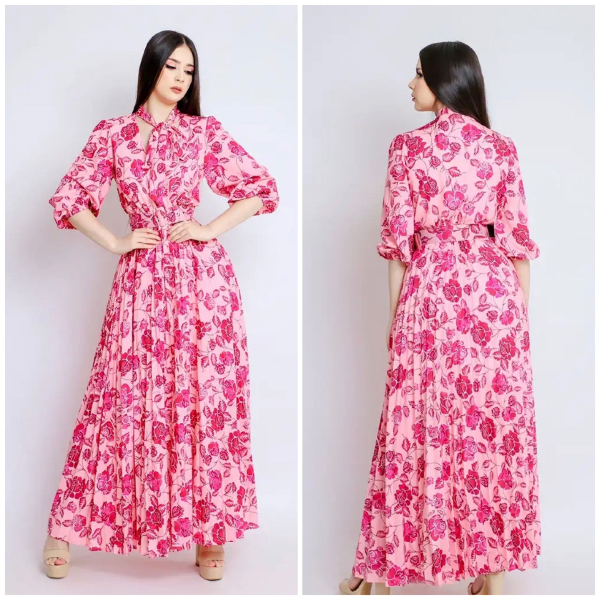 flower print tie-neck pleated maxi dress